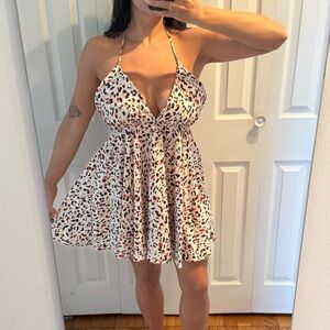 SHEIN White Halter Backless Leopard Print Mini Dress